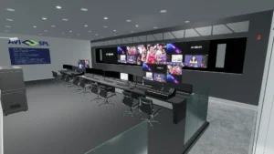 A sleek control room with desks, computers, large wall screens, overhead lighting, and swivel chairs.