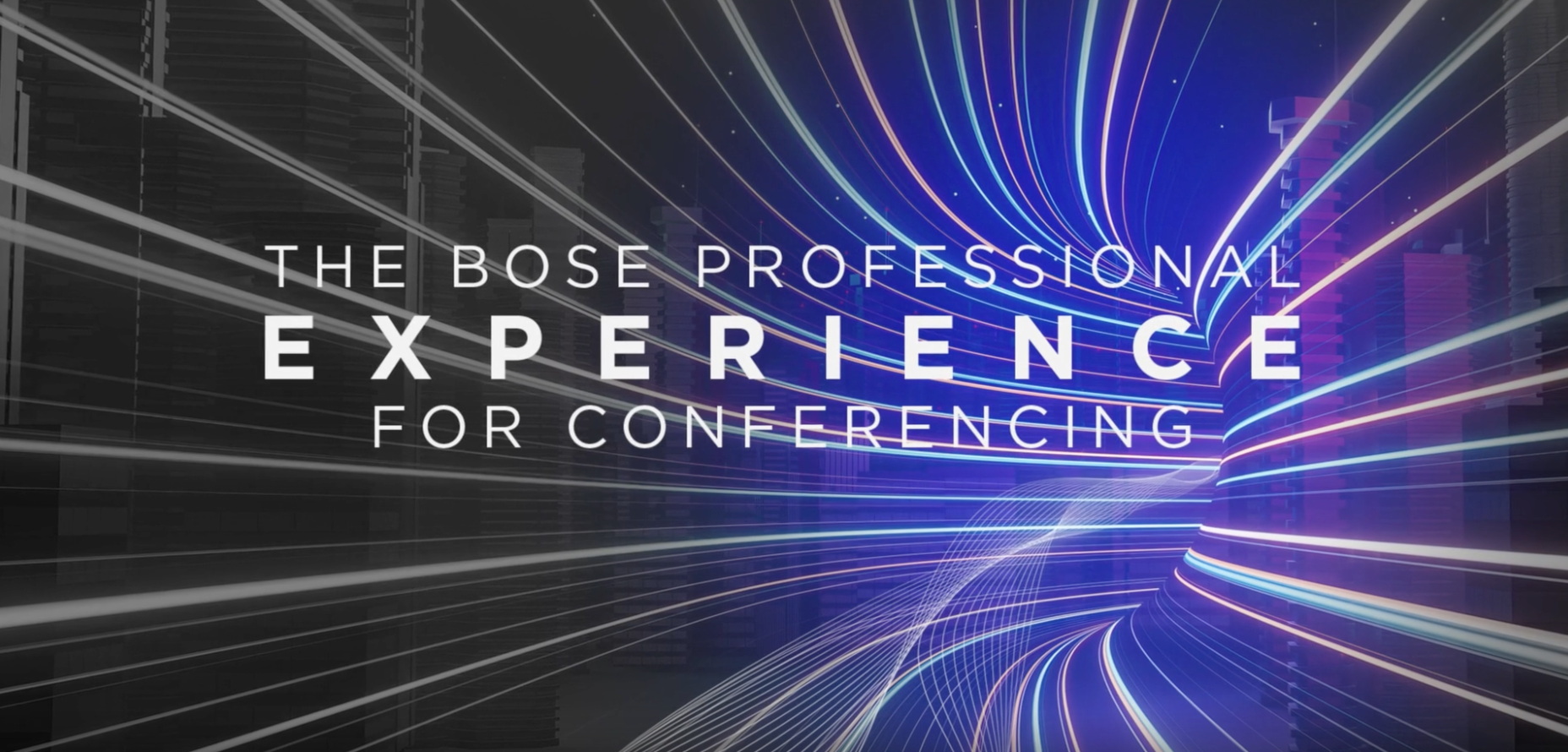 Swirling blue and purple backdrop with THE BOSE PROFESSIONAL EXPERIENCE FOR CONFERENCING in bold white. Modern, dynamic feel.