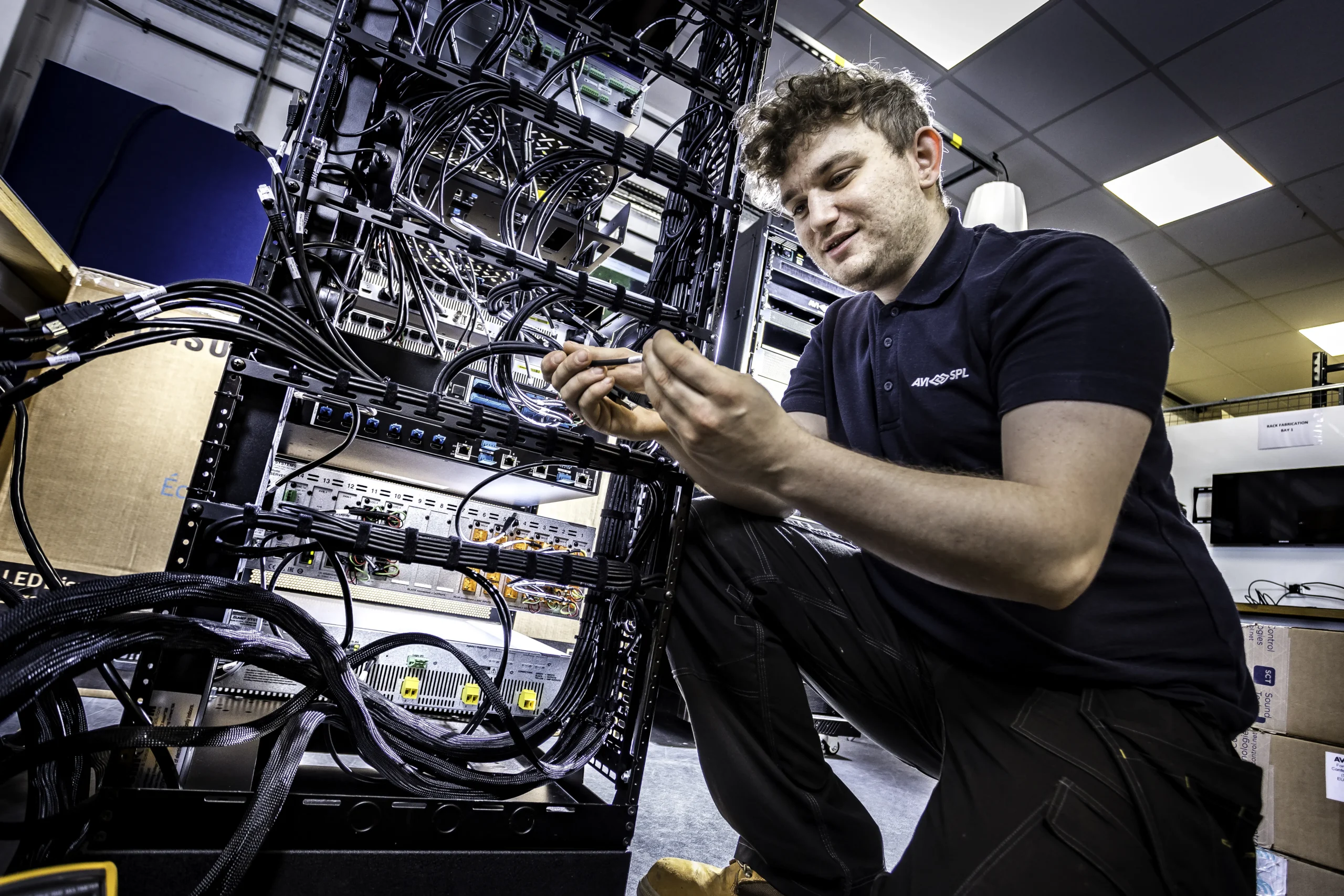 AVI-SPL technician servicing financial services av equipment