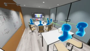 Modern conference room with long table, holographic heads above laptops projecting data to a screen with charts; notes on whiteboard.