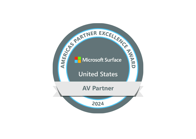 Badge: Microsoft Partner, Excellence Award 2024, Surface US AV Partner. Circular, blue-gray.