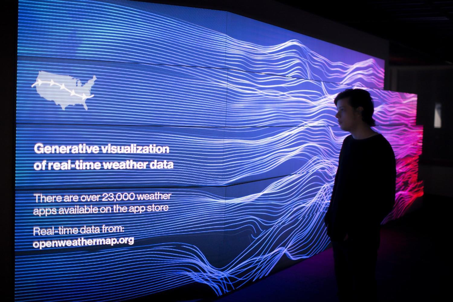 Person in front of screen with wavy lines: Real-time weather data visualization plus weather app stats.