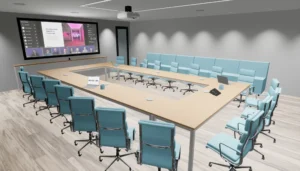 Modern conference room with U-shaped table, blue chairs, large screen for video calls, wooden floor, and soft lighting.