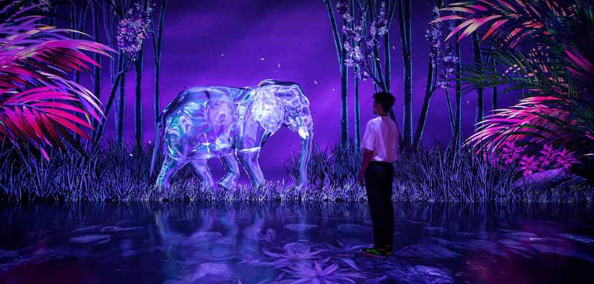 A person stands in a neon-lit world facing a glowing, transparent elephant amidst surreal purple and pink foliage.