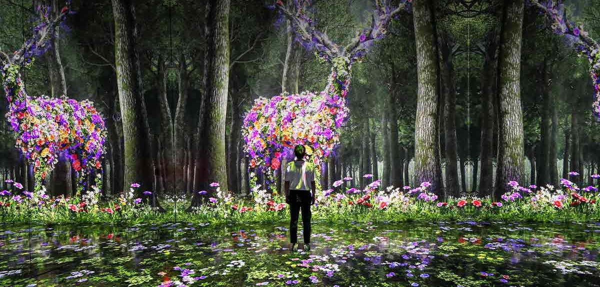 A person stands in a vibrant, reflective forest with floral animal sculptures and intricate flower and leaf patterns.