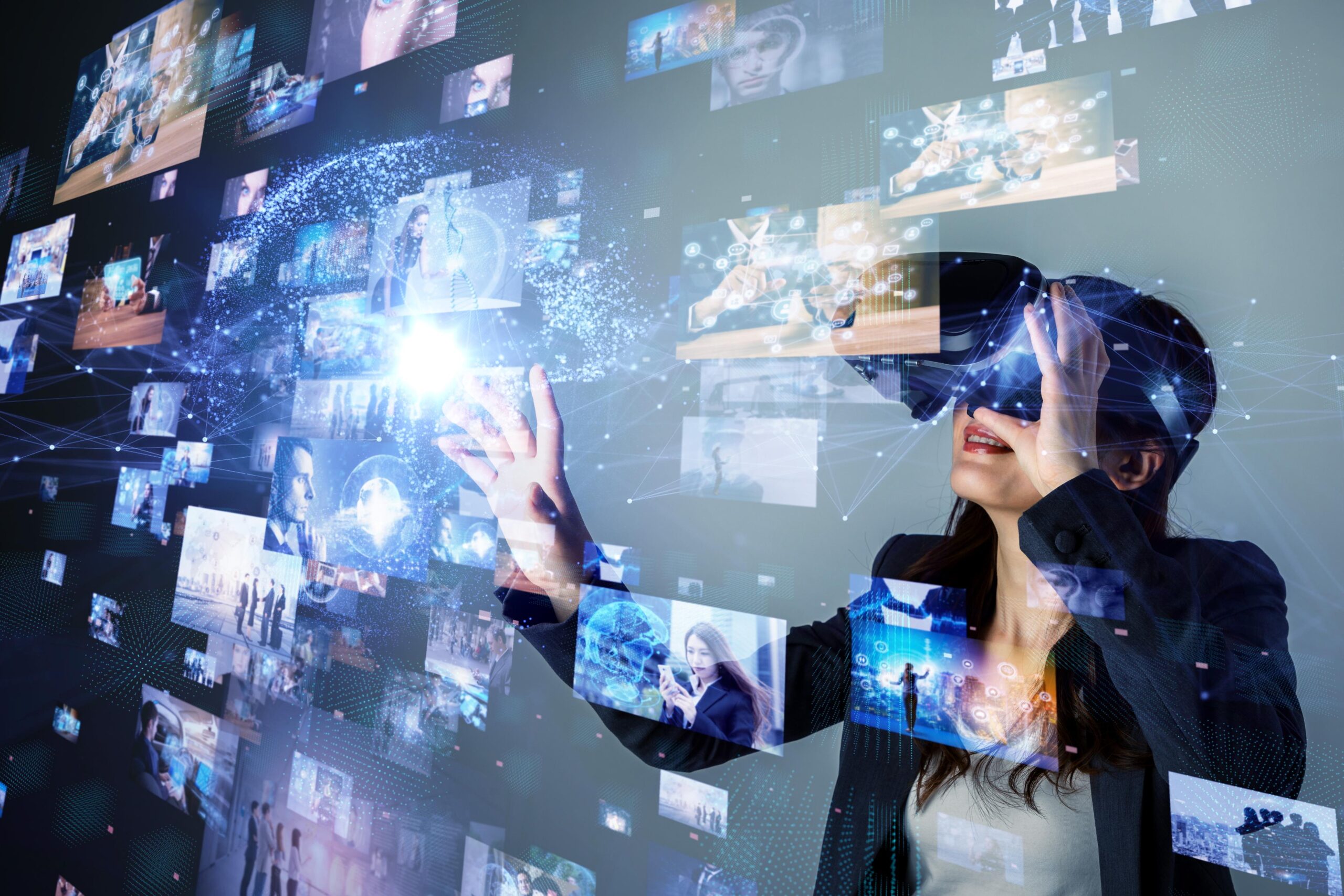 A person in a VR headset interacts with digital screens showing business and tech, with floating images in a futuristic setting.