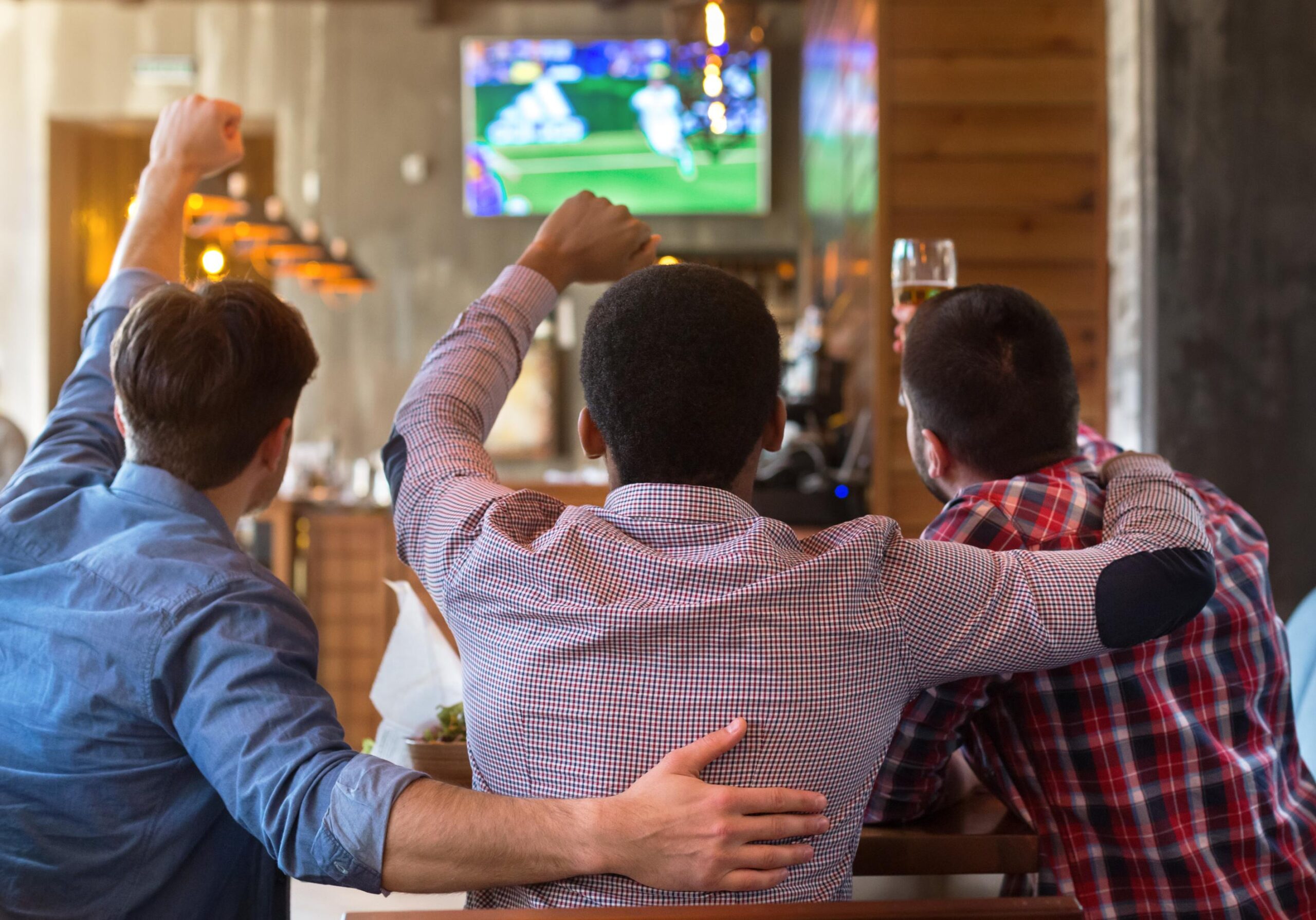 Sports fans at a restaurant in front of a TV