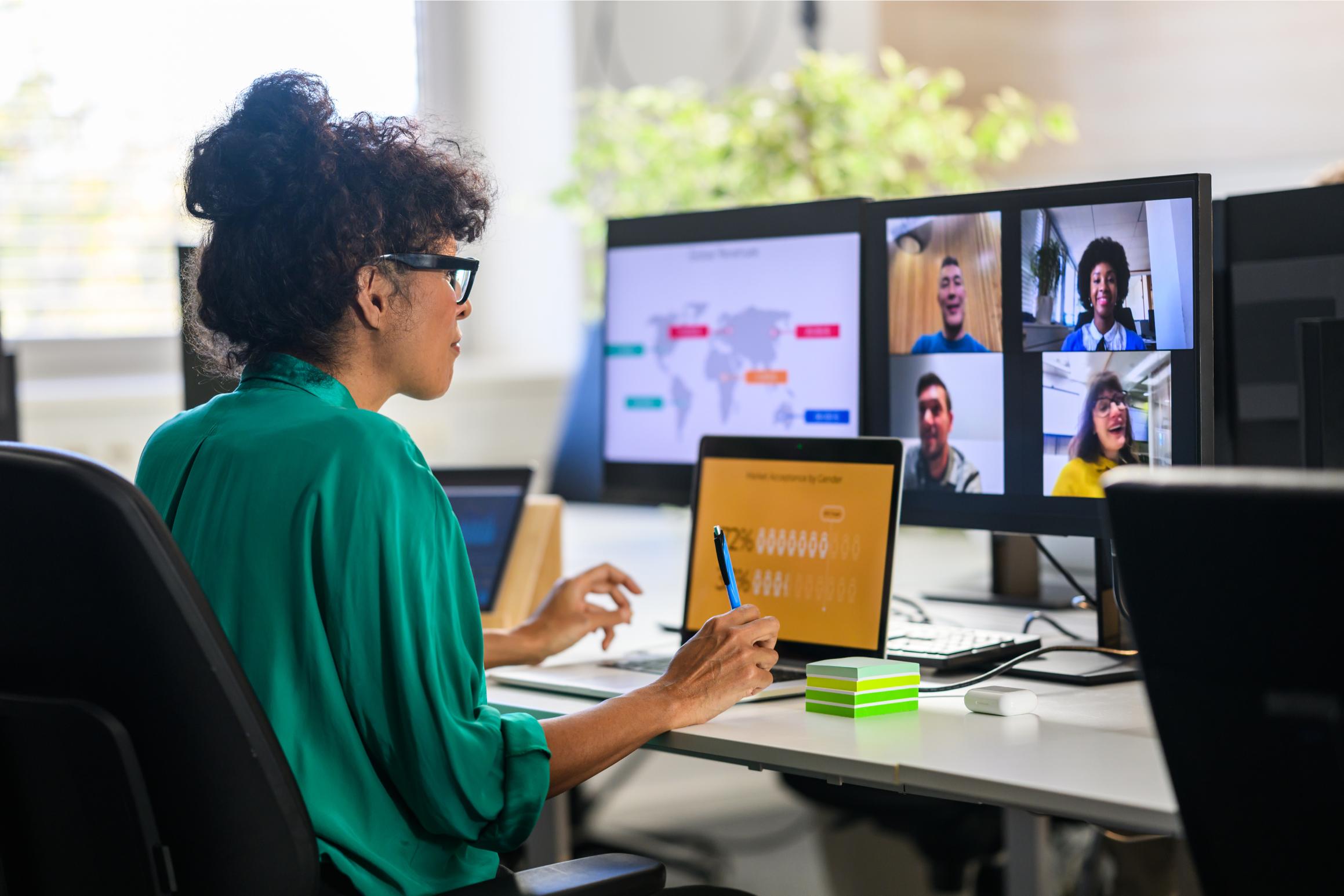 woman working from home in hybrid meeting managed by Symphony