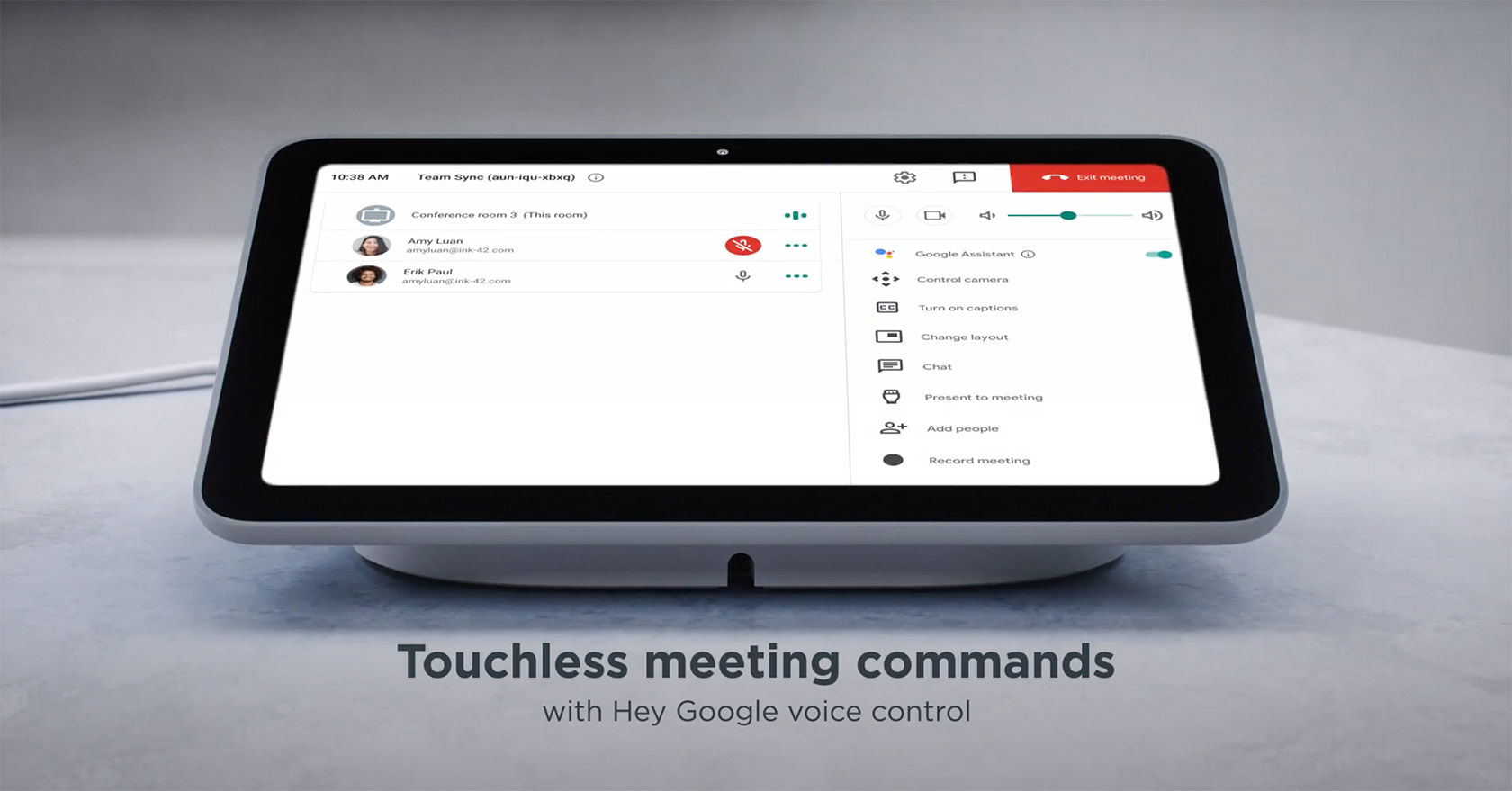 Tablet with Lenovo's meeting software on screen. Caption reads "Touchless meeting commands with Hey Google voice control".