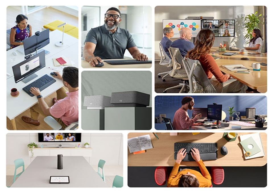 Collage of diverse office settings: desks, video meetings, laptops, and conference room collaboration, showcasing varied tech use.