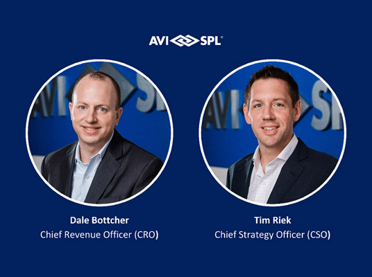 Certainly! Heres a concise version under 125 characters:

AVI SPL logo, dark blue background. Left: Dale Bottcher, CRO. Right: Tim Riek, CSO. Both in suits, separate circular frames.