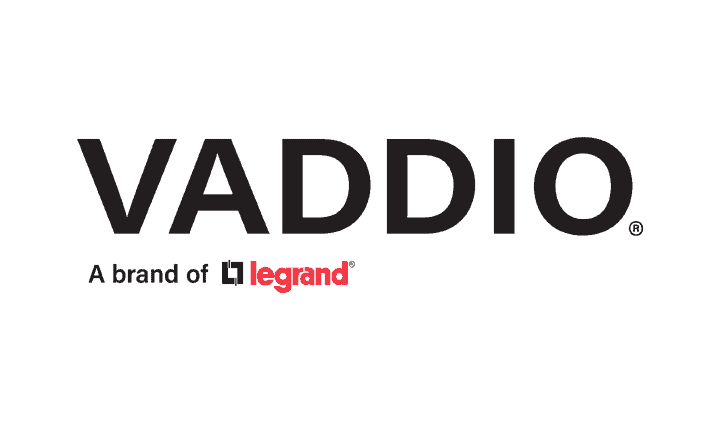 Vaddio logo with Vaddio bold in black, below: A brand of and Legrand in red with red square logo on transparent background.