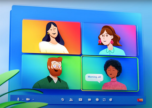 Bright cartoon of a video call of four people.