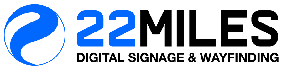Logo: Blue circular design on left, text 22 MILES DIGITAL SIGNAGE & WAYFINDING in bold black on right.