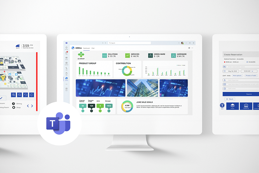 A business dashboard displays 22Miles charts and graphs, with solutions, services, objectives, a map, time display, and Teams logo.