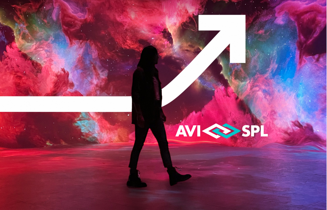 Silhouette of a person walking against vibrant pink, blue, and red swirls. A white upward arrow and AVI SPL on the right.