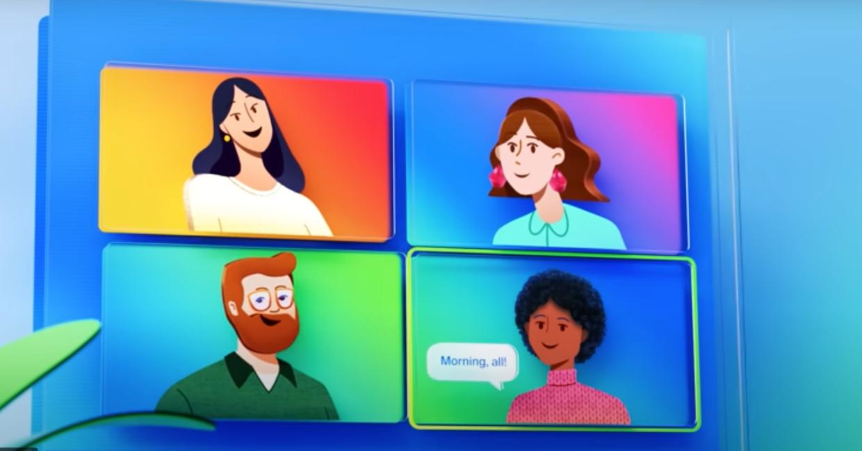 Sure, heres a concise illustration description:

In a virtual meeting interface with four colorful quadrants, each features a diverse cartoon persona. The bottom right character has a speech bubble saying, Morning, all!.