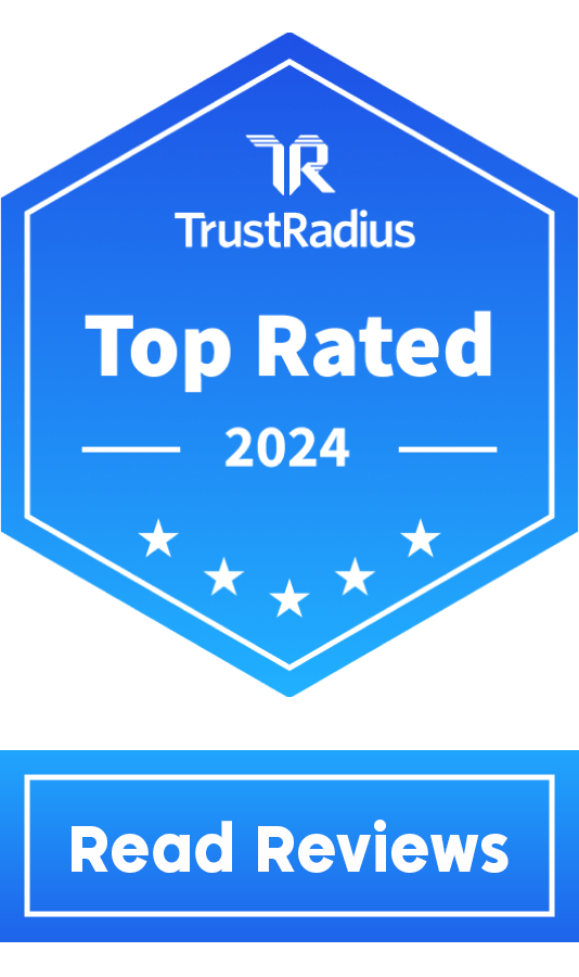 Keep the Blue badge featuring the TrustRadius logo and Top Rated 2024 with five stars underneath. A button at the bottom says Read Reviews..