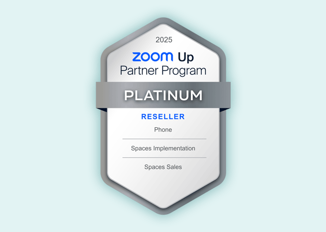 Zoom Up Partner Program 2025: PLATINUM Reseller - Phone, Spaces Implementation & Sales. Silver gradient on light blue background.