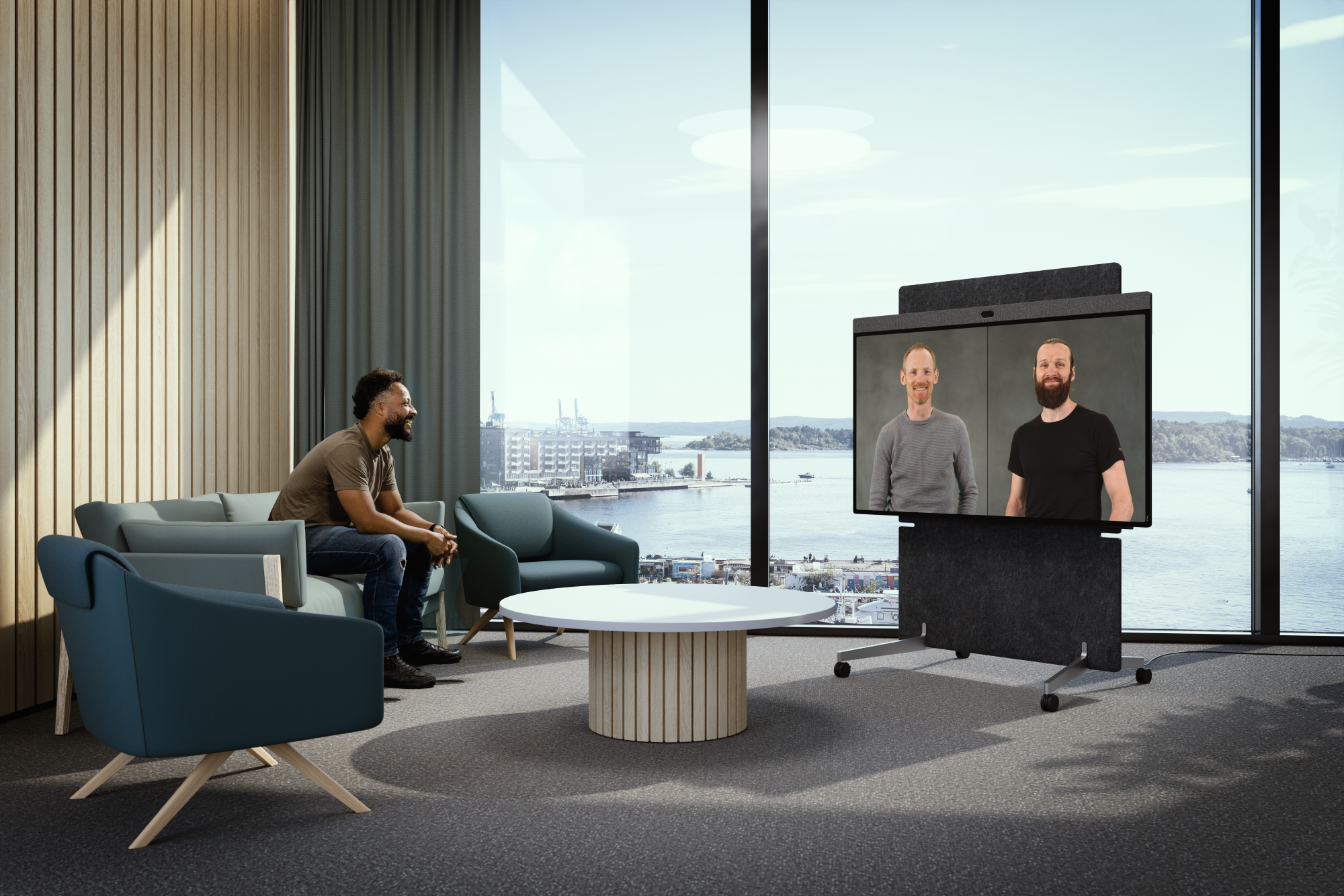 open collaboration space with Neat Board Pro showing hybrid meeting