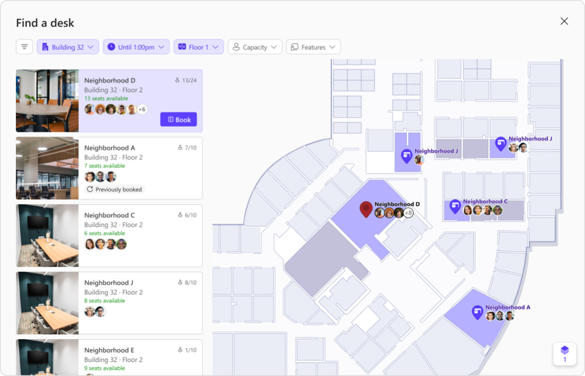 Microsoft Places floor plan diagram showing a selected room’s availability and tech features.