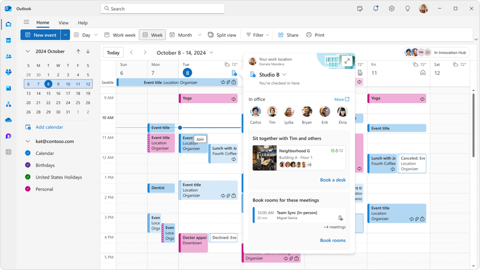 View of Microsoft Outlook with a Microsoft Places pop up tab suggesting places to sit in Studio B.