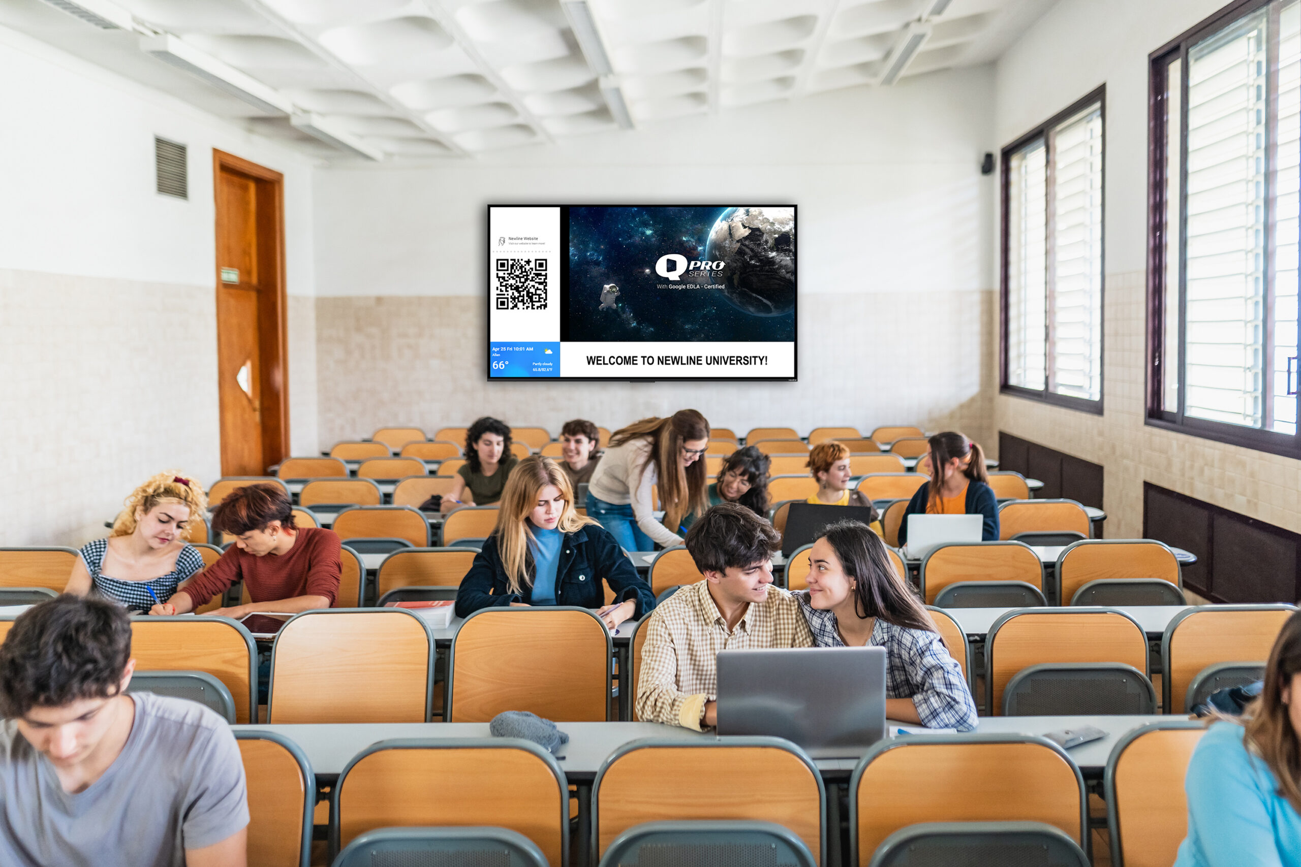 University classroom with Newline stv+ digital signage on campus