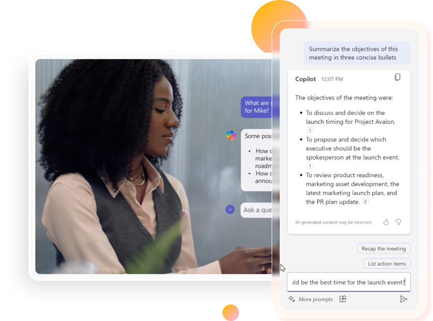 Woman using Micorsoft Copilot with Copilot meeting summary screen