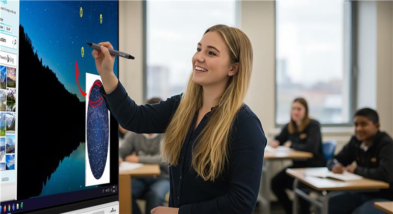 Lady writes on SMART Board GX Plus in front of class.