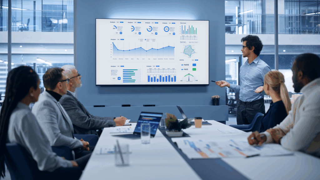Team member presents financial report via Sony display.