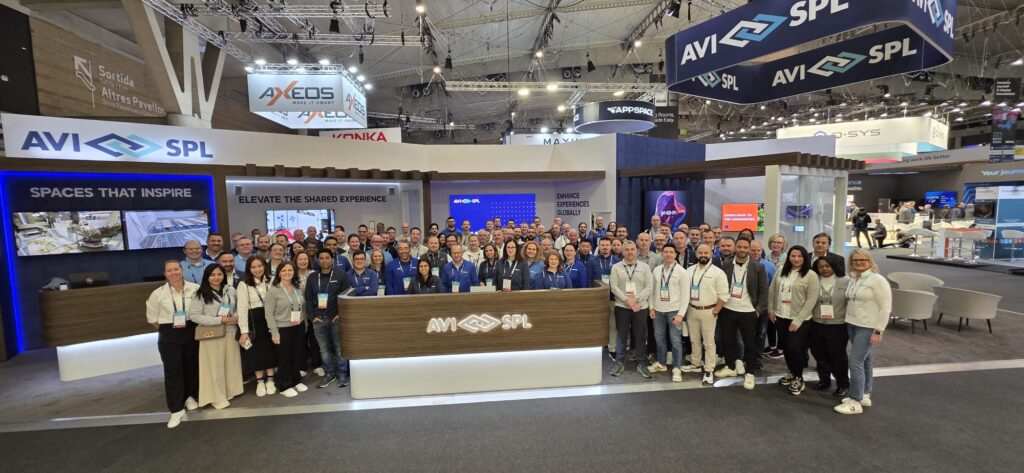 AVI-SPL global team gathered at the ISE 2026 booth in Barcelona