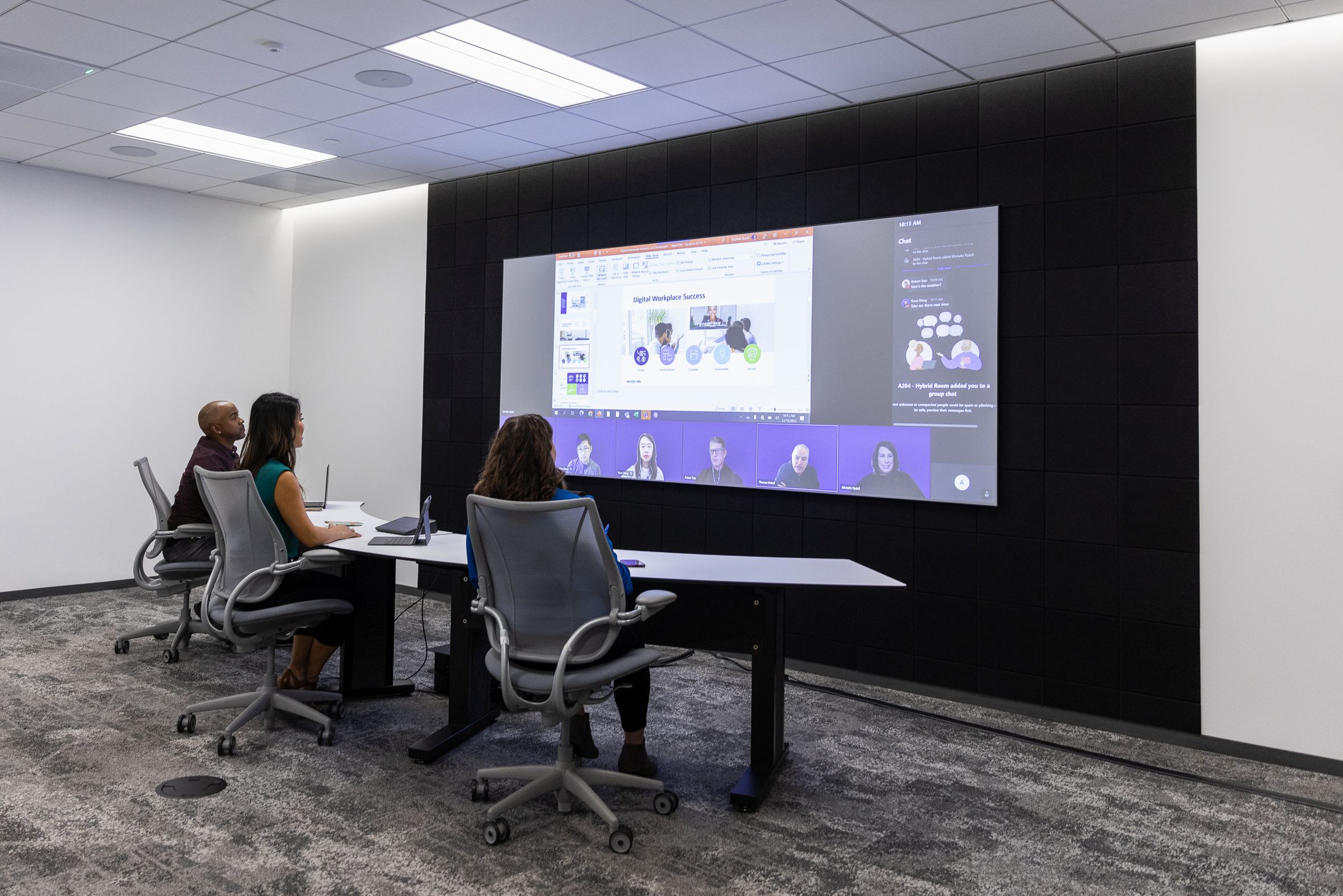 People in a hybrid meeting room using an Epson projector