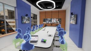 Large conference room with a long table facing two wall-mounted digital displays with displays and cameras on side walls.