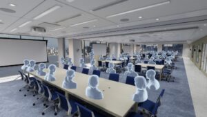 A large open space with multiple projection screens and tables dedicated to each screen. Virtual people sit at these tables.