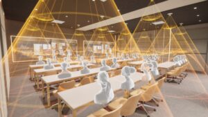 Training environment with two large wall-mounted video walls and PTZ cameras. Rendering shows the visual dispersion of audio throughout the space.