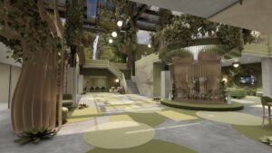 Sustainable lobby environment with green carpeting and wall and ceiling hung foliage.