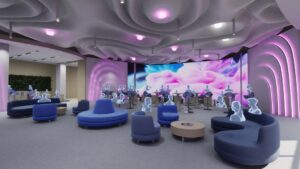 Purple lighting and a curved video wall radiate from the walls and ceiling in a workplace common area.