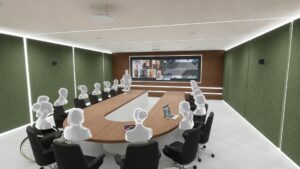 Horseshoe conference room facing a widescreen wall display.