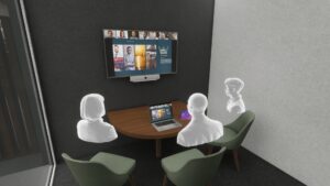 Cisco huddle room with three virtual people speaking toward the wall-mounted display and video bar.