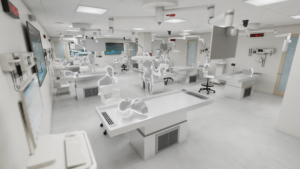 Medical simulation lab with digital displays on walls and PTZ cameras hanging from the ceiling.
