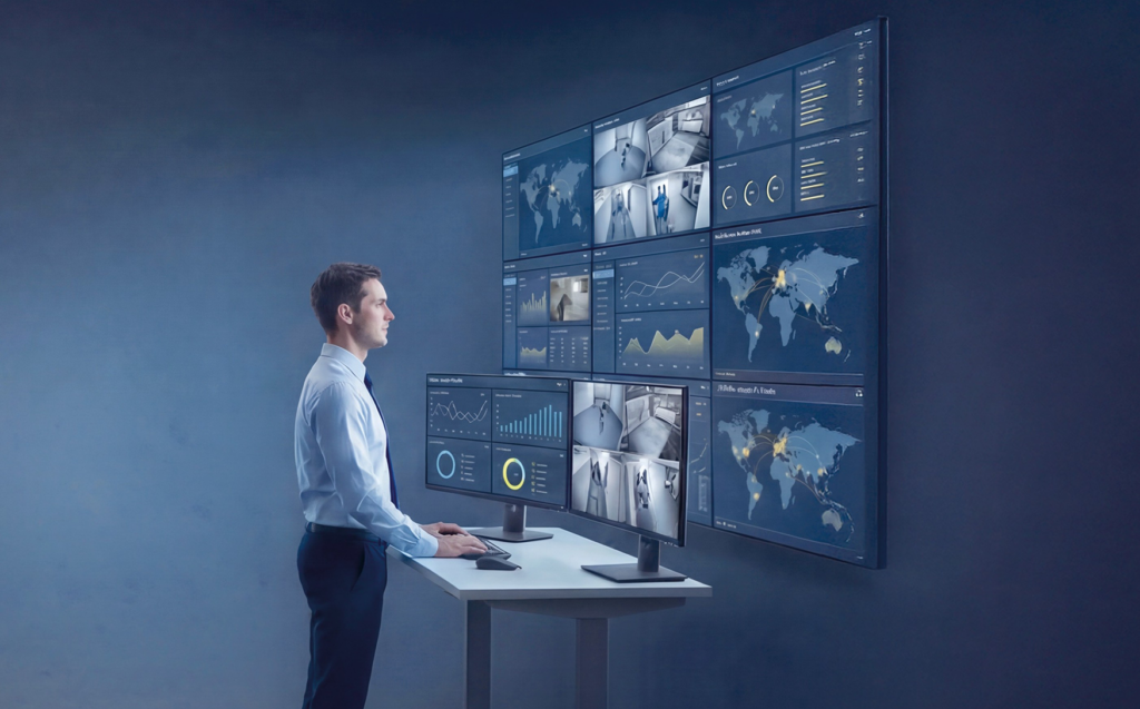 EMC - Man in front of multiscreen standing workstation