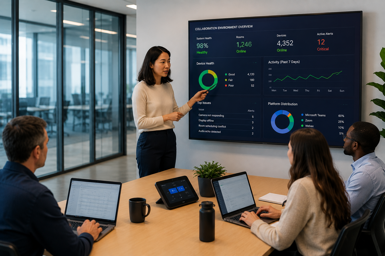 AVI-SPL managed services team reviewing collaboration environment analytics and enterprise workplace technology performance in a modern conference room setting.