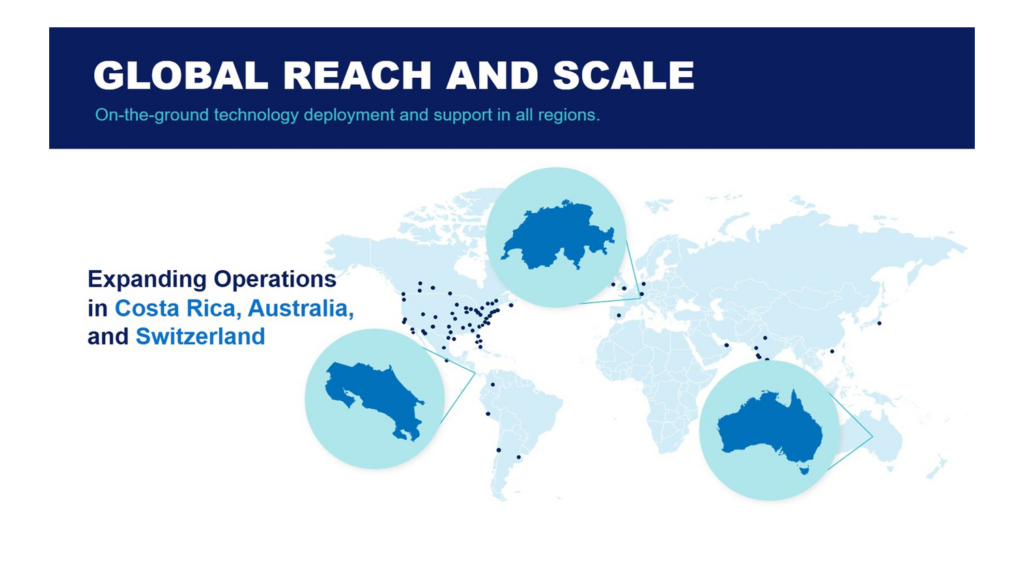 AVI-SPL announcement graphic highlighting expanded operations in Costa Rica, Australia, and Switzerland with a global map, connected location markers, and corporate branding in navy and turquoise colors.