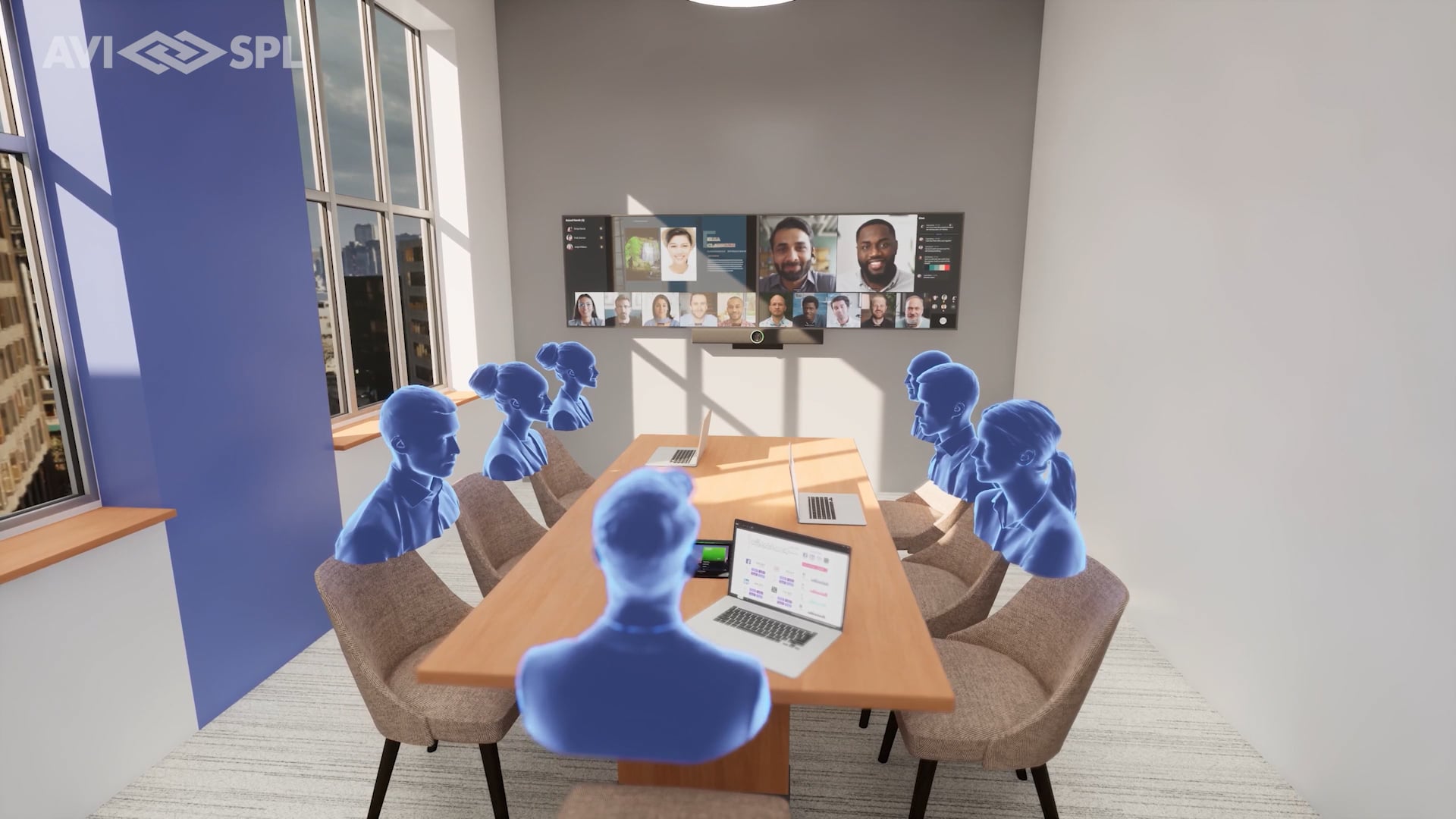 Animated illustration of the executive experience in a medium conference room with a hybrid meeting on screen.