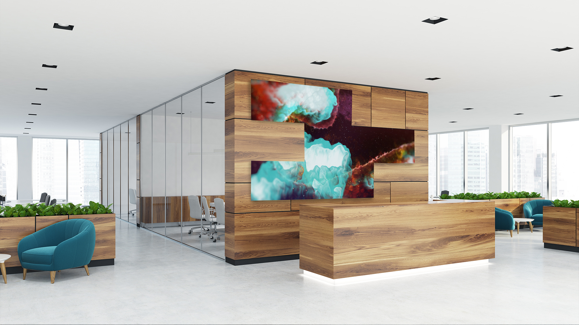 Legrand | AV mounting solutions supporting a large multi-display digital signage installation in a modern workplace lobby.
