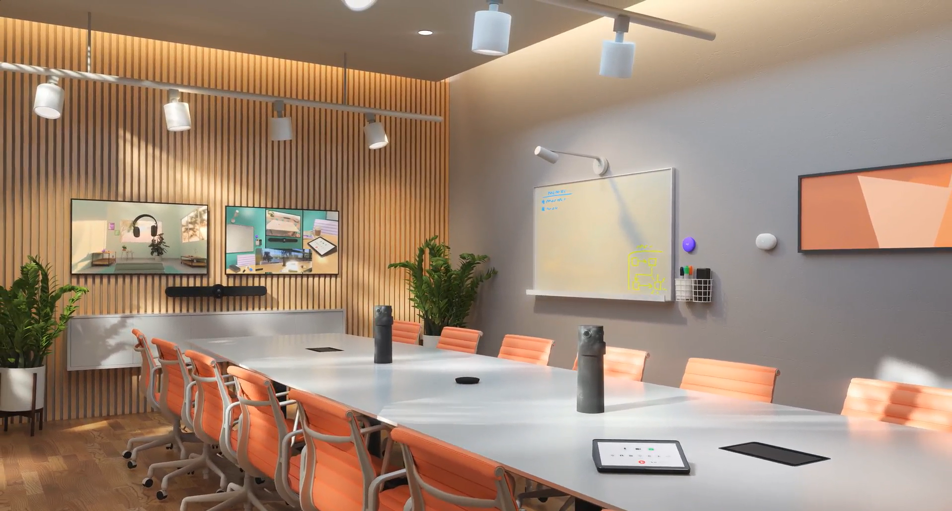 Logitech Large meeting room with multiple displays and cameras that help think beyond the meeting
