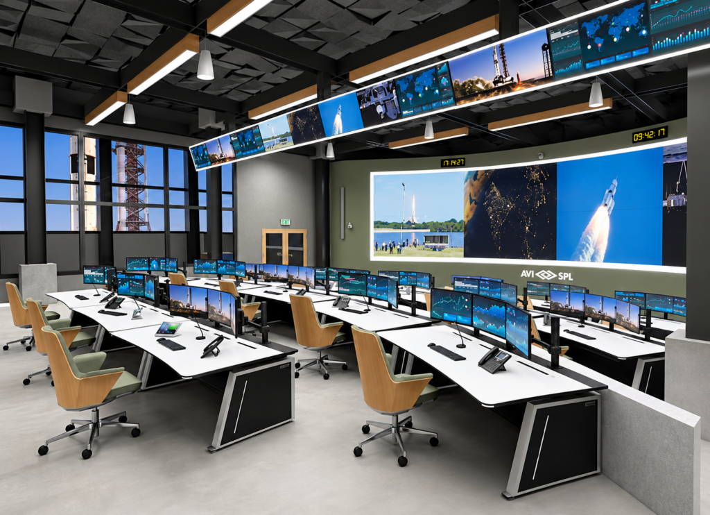 Modern command and control room with operator consoles, multiple monitors, and large displays showing monitoring and launch feeds.