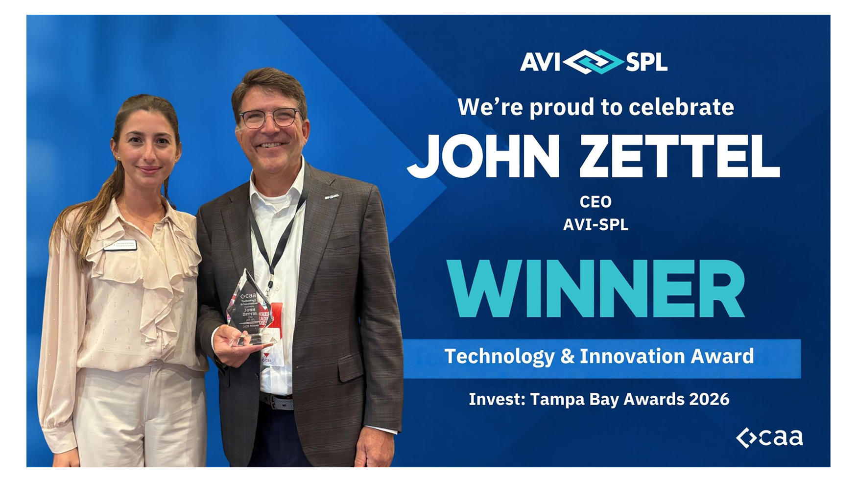 AVI-SPL CEO John Zettel was named the Technology & Innovation award winner at the inaugural Invest: Tampa Bay Awards, recognizing his leadership and impact.