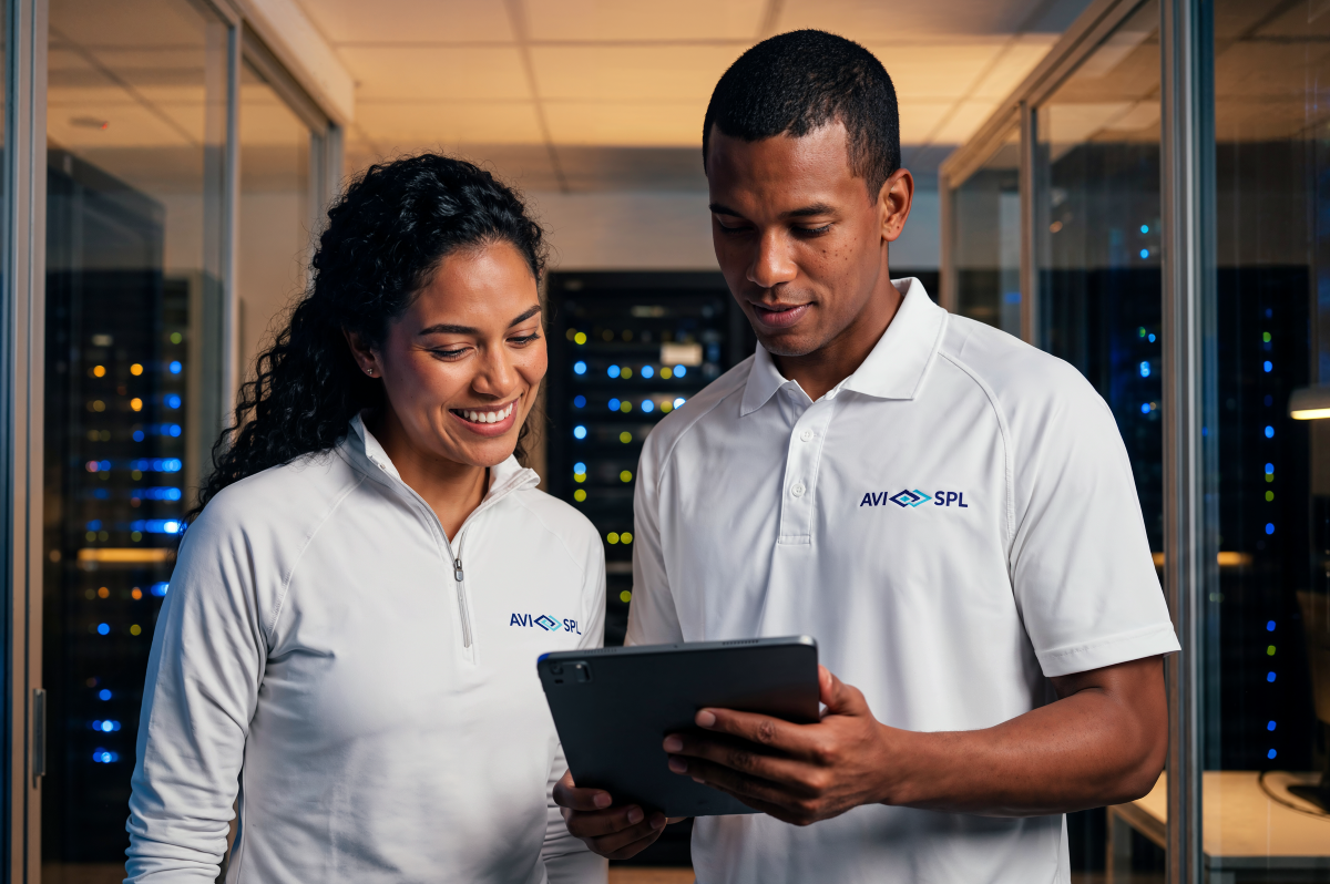 AVI-SPL technicians review system status on a tablet while supporting ongoing collaboration technology management.