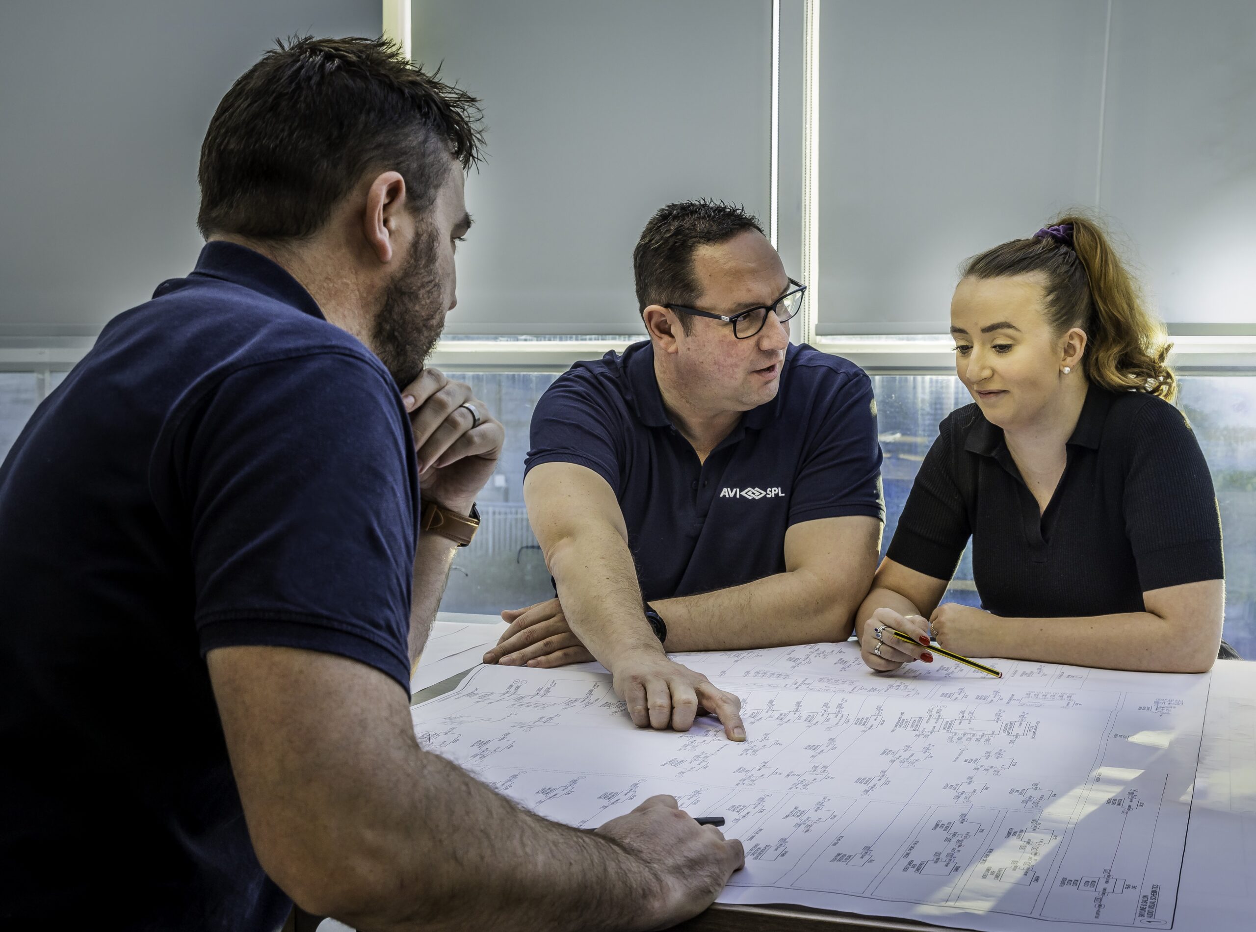 Three AVI-SPL team members review technical plans together at a conference table.
